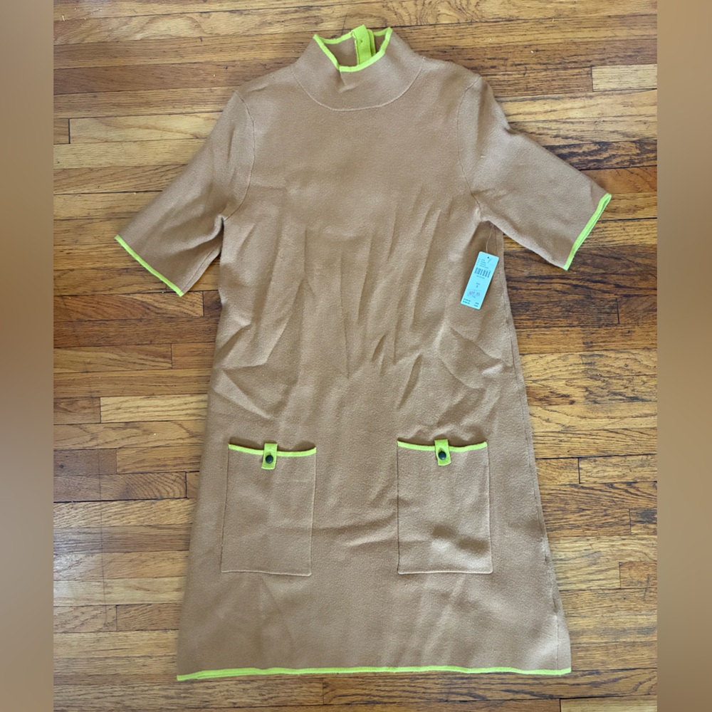 Maeve Tan Sweater Dress with Neon Green Trim
